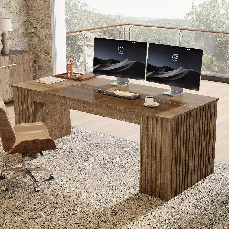Bureau de direction moderne Lantine, grand bureau d'ordinateur de 160 cm, table d'étude/d'écriture, poste de travail, mobilier professionnel pour bureau à domicile, marron