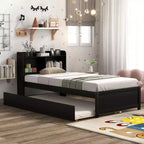 Lit plateforme double MAYEERTY avec tête de lit de rangement, lit gigogne coulissant, lit robuste en bois de pin pour salon, marron