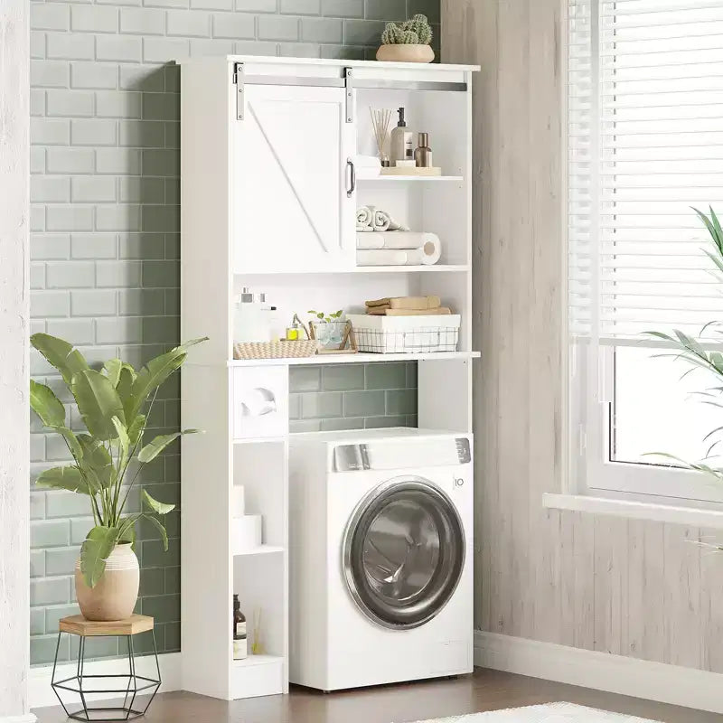 COZONY Meuble de rangement WC avec porte coulissante de style grange, étagère de rangement de salle de bain avec étagère réglable et porte-papier toilette pour salle de bain