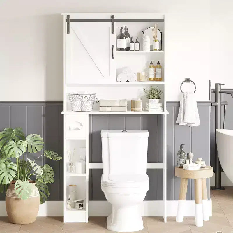 COZONY Meuble de rangement WC avec porte coulissante de style grange, étagère de rangement de salle de bain avec étagère réglable et porte-papier toilette pour salle de bain