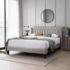 Royal Hampton Queen Size Bed, Geometric Stitched Light Brown Burlap Upholstery
