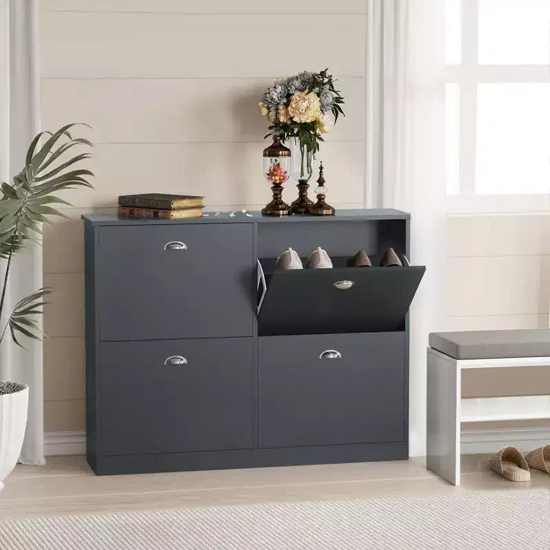Okak Meuble à chaussures étroit mi-siècle avec 4 tiroirs basculants, meuble à chaussures autoportant pour foyer, entrées