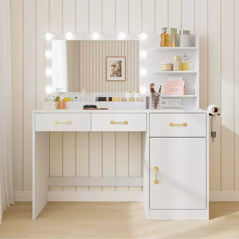Coiffeuse avec miroir et lumières, table de maquillage blanche avec station de charge, 3 tiroirs, 2 compartiments, 1 placard et étagères ouvertes, pour femmes et filles
