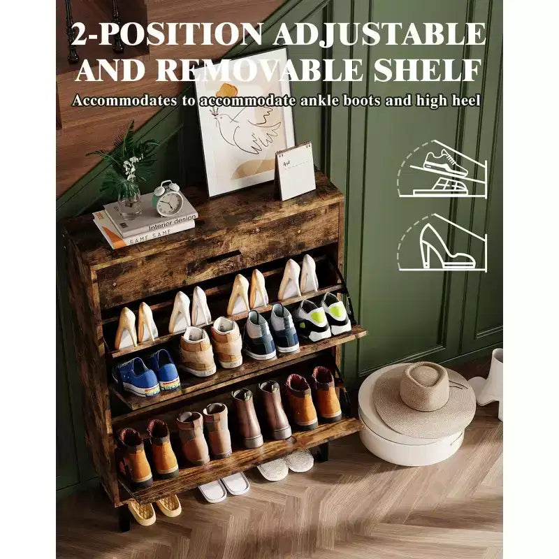 Meuble à chaussures à double abattant, Organisateur peu encombrant pour l'entrée, le couloir ou la buanderie, Armoire à chaussures dissimulée pour un rangement soigné et ordonné