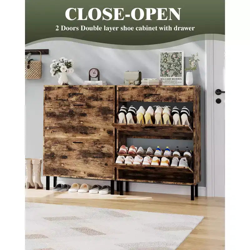 Meuble à chaussures à double abattant, Organisateur peu encombrant pour l'entrée, le couloir ou la buanderie, Armoire à chaussures dissimulée pour un rangement soigné et ordonné