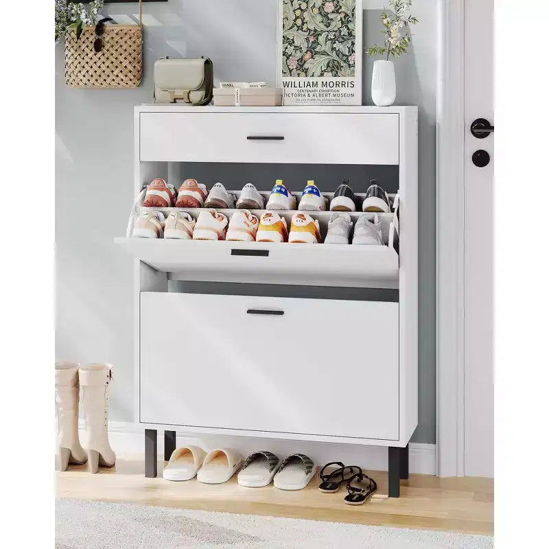 Meuble à chaussures à double abattant, Organisateur peu encombrant pour l'entrée, le couloir ou la buanderie, Armoire à chaussures dissimulée pour un rangement soigné et ordonné