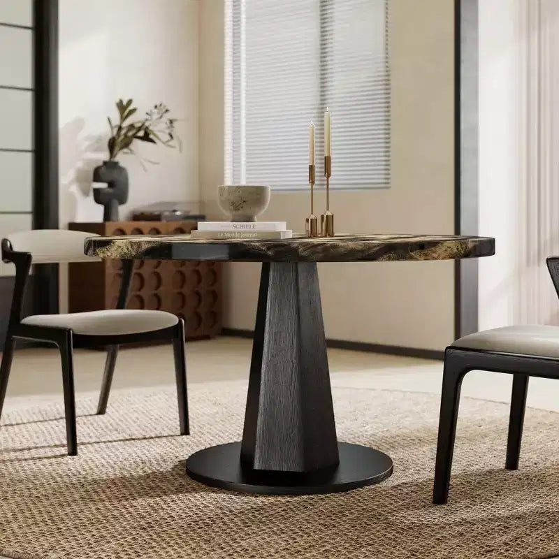 Table de salle à manger moderne Cavira de Roundhill Furniture en imitation marbre avec pied piédestal en bois