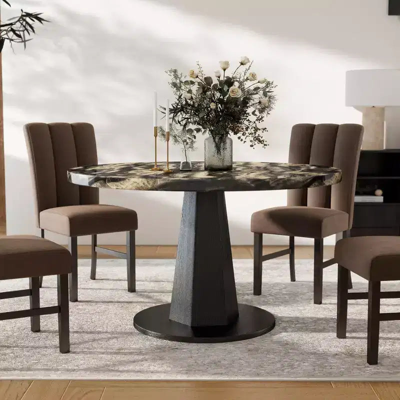 Table de salle à manger moderne Cavira de Roundhill Furniture en imitation marbre avec pied piédestal en bois