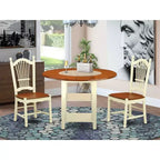 Ensemble de salle à manger 3 pièces HomeStock avec table ronde à plateau en bois massif finition cerisier et couleur crème
