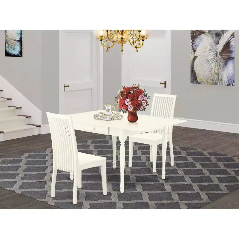 HomeStock – Ensemble de table à manger rectangulaire avec plateau en bois massif et rallonges, 3 pièces, fini blanc lin