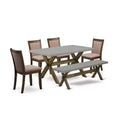 HomeStock 6-Piece Rectangle Distressed Jacobean Finish Solid Wood Top Dining Table with 1-Bench, 4-Chairs