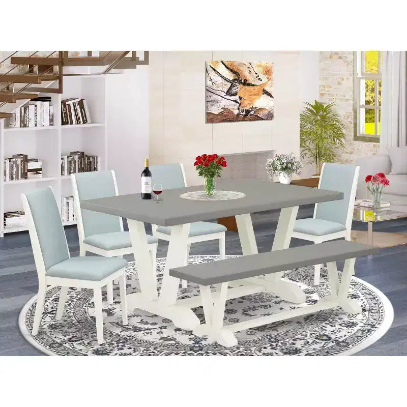 HomeStock – Table à manger 6 pièces avec plateau en bois massif finition chêne naturel, 1 banc et 4 chaises