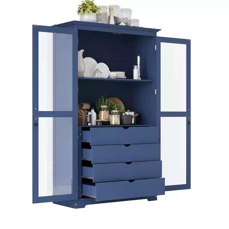 TOPMAX Garde-manger de cuisine 44,7x20x75 pouces, armoire de rangement de cuisine autoportante avec portes vitrées et 4 tiroirs intégrés pour salon