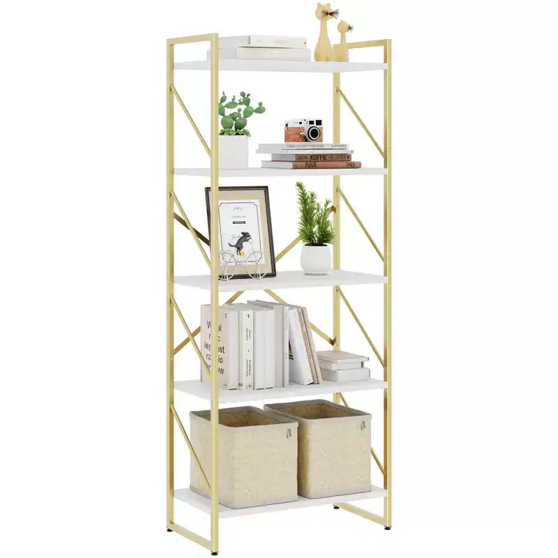 Étagère Celebalcony 62,2 H x 23,6 L 5 niveaux, Bibliothèque haute en bois avec cadre métallique, Meuble de rangement moderne, Étagères de rangement pour bureau à domicile