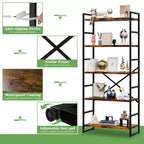 Étagère Celebalcony 62,2 H x 23,6 L 5 niveaux, Bibliothèque haute en bois avec cadre métallique, Meuble de rangement moderne, Étagères de rangement pour bureau à domicile