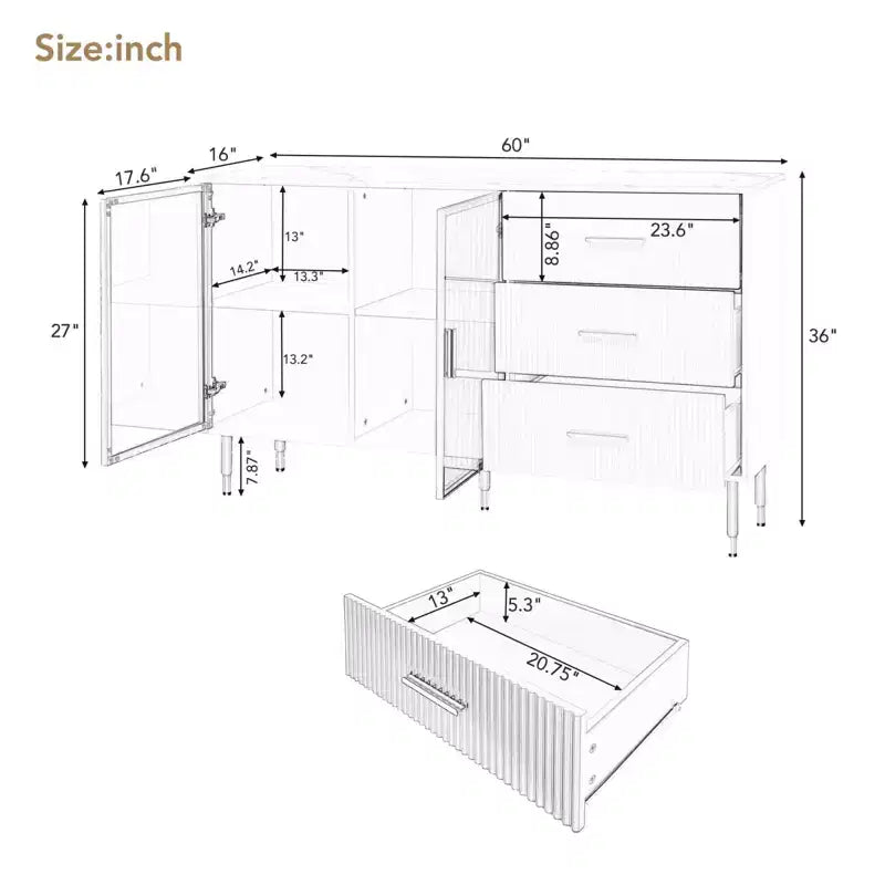 Buffet de 60" avec 3 tiroirs, 2 portes, étagère réglable, buffet de 36" de haut, table console pour salon, couloir, salle à manger