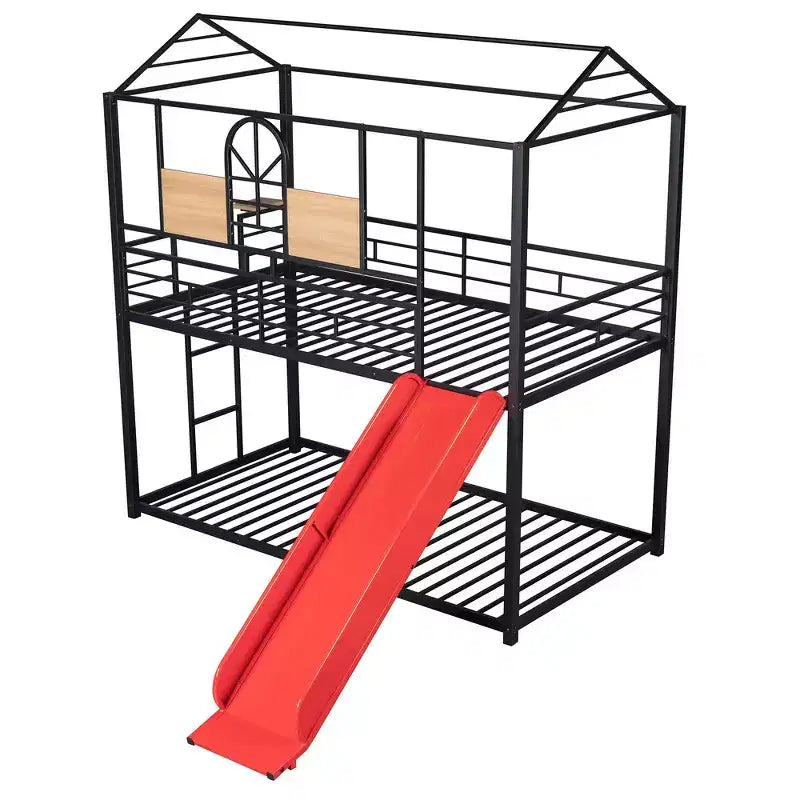 Lit superposé et cabane Whisen double sur double, cadre de lit en métal avec toboggan et barrière de sécurité