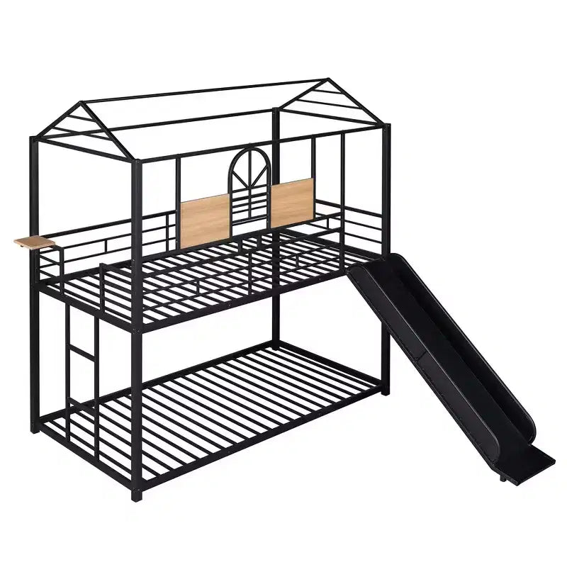 Lit superposé et cabane Whisen double sur double, cadre de lit en métal avec toboggan et barrière de sécurité