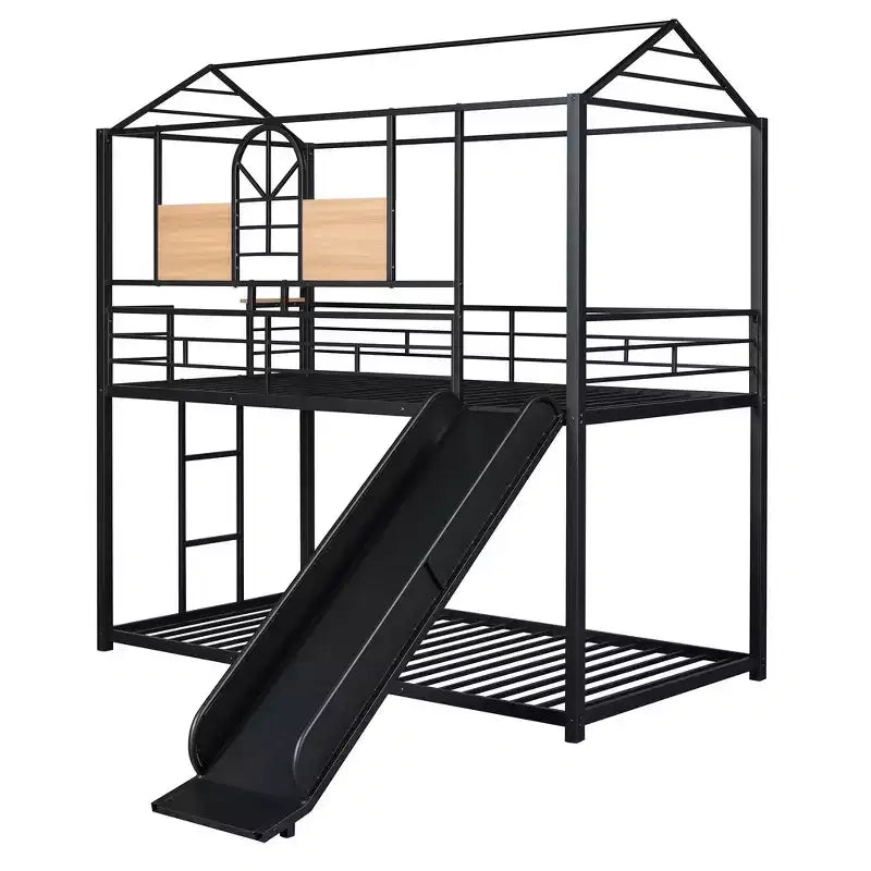 Lit superposé et cabane Whisen double sur double, cadre de lit en métal avec toboggan et barrière de sécurité