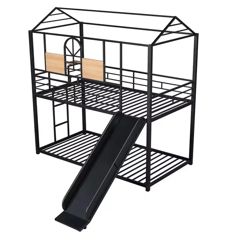 Lit superposé et cabane Whisen double sur double, cadre de lit en métal avec toboggan et barrière de sécurité