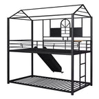 Lit superposé et cabane Whisen double sur double, cadre de lit en métal avec toboggan et barrière de sécurité