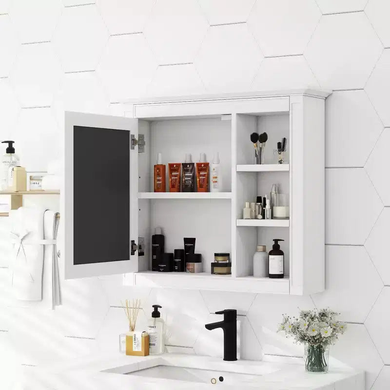 MAYEERTY Armoire à pharmacie 28, Armoire de rangement murale pour salle de bain avec miroir 3 étagères ouvertes Blanc moderne