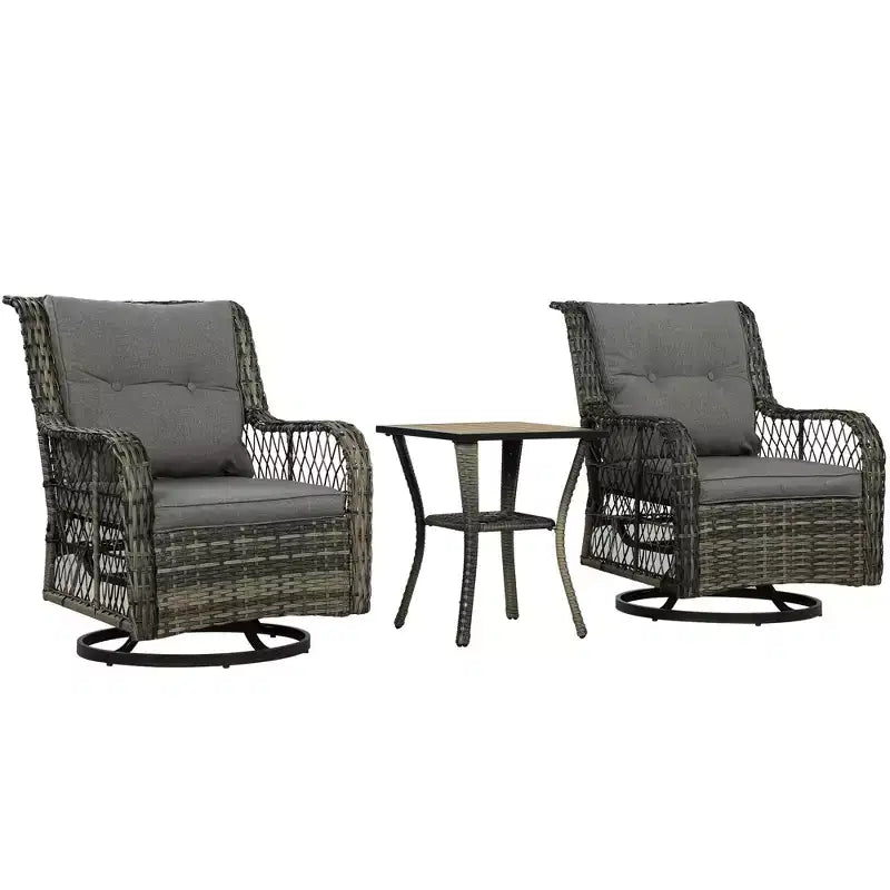 Ensemble bistro 3 pièces d'extérieur, petit salon de jardin en osier avec fauteuils pivotants à bascule pour balcon, porche