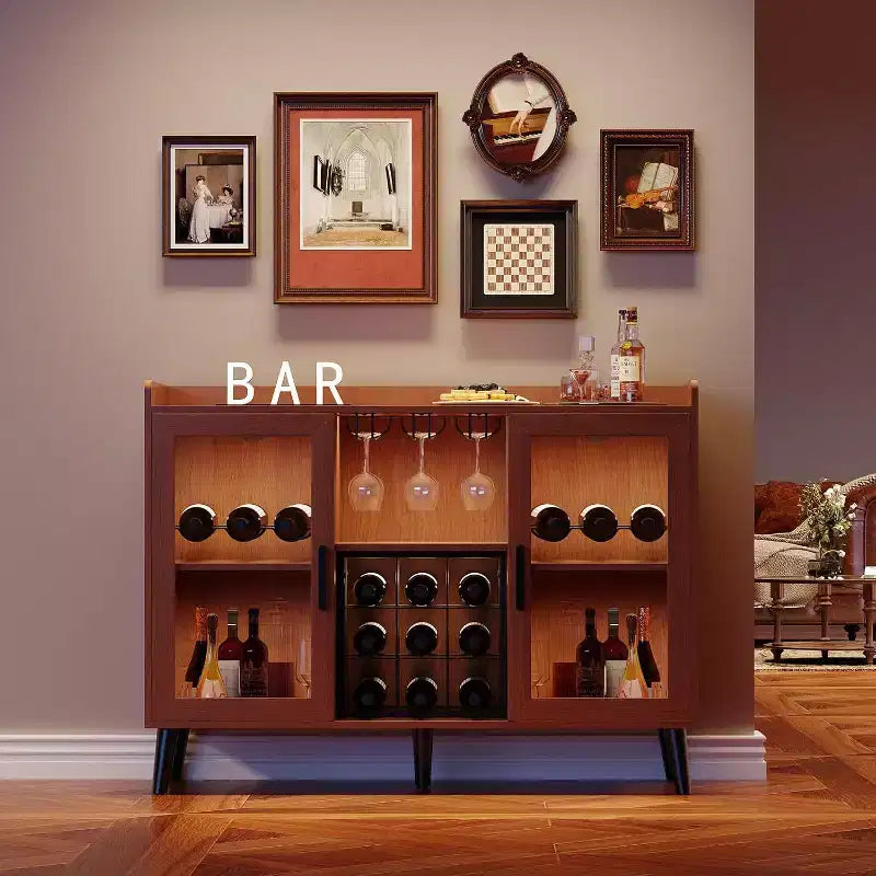 Meuble de Bar à Café et Vin 47 avec Porte Vitrée, Buffet en Bois à 4 Niveaux pour Salon et Cuisine