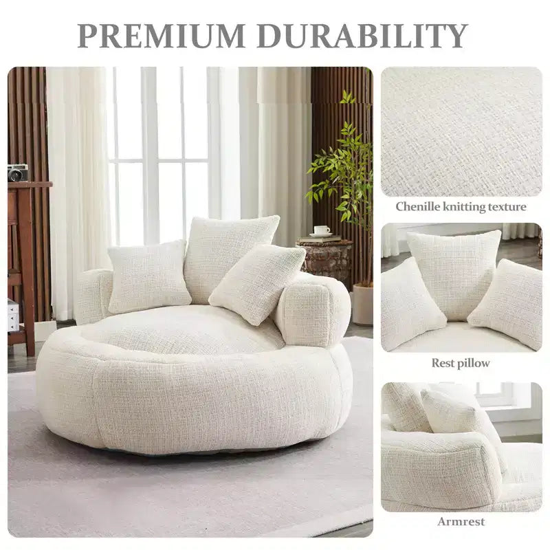 Pouf fauteuil rond ultra doux en chenille et mousse Efomao – Taille XXL confortable avec accoudoirs et 3 coussins – Pour adultes/adolescents (blanc)