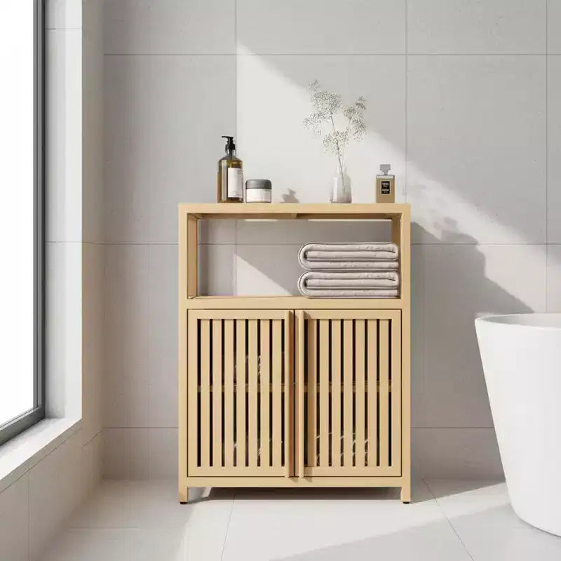 Homy Casa Meuble de Rangement en Bambou Grande Capacité avec Deux Portes et Étagère Ouverte