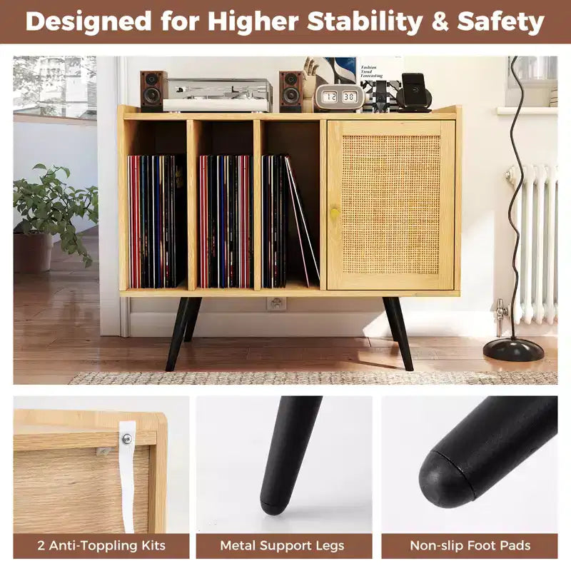 Meuble de rangement pour tourne-disque Costway avec station de charge et placard en rotin à étagère réglable