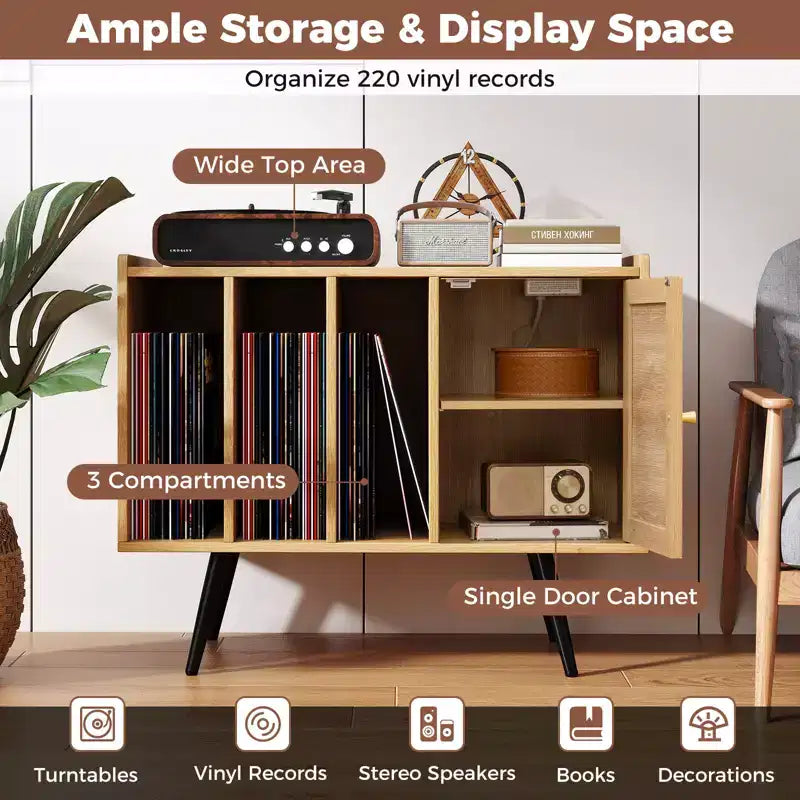 Meuble de rangement pour tourne-disque Costway avec station de charge et placard en rotin à étagère réglable