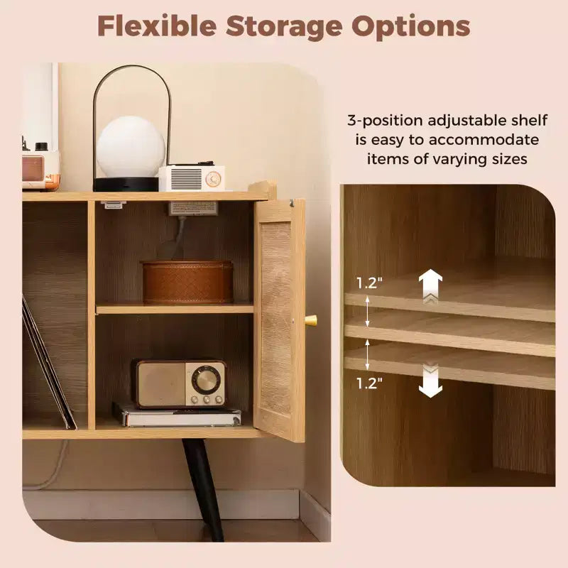 Meuble de rangement pour tourne-disque Costway avec station de charge et placard en rotin à étagère réglable
