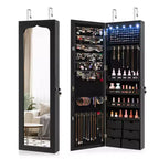Costway Wall Door Mounted LED Mirror Jewelry Cabinet Lockable Armoire w/6 Drawers Black