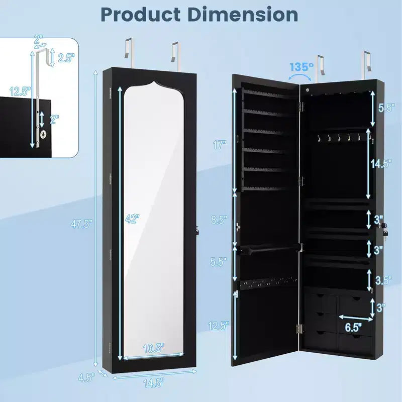 Costway Armoire à bijoux murale ou à suspendre avec miroir LED, 6 tiroirs, verrouillable, Noir