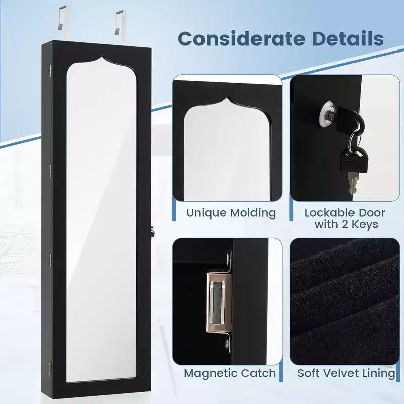Costway Armoire à bijoux murale ou à suspendre avec miroir LED, 6 tiroirs, verrouillable, Noir