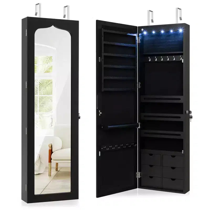 Costway Armoire à bijoux murale ou à suspendre avec miroir LED, 6 tiroirs, verrouillable, Noir
