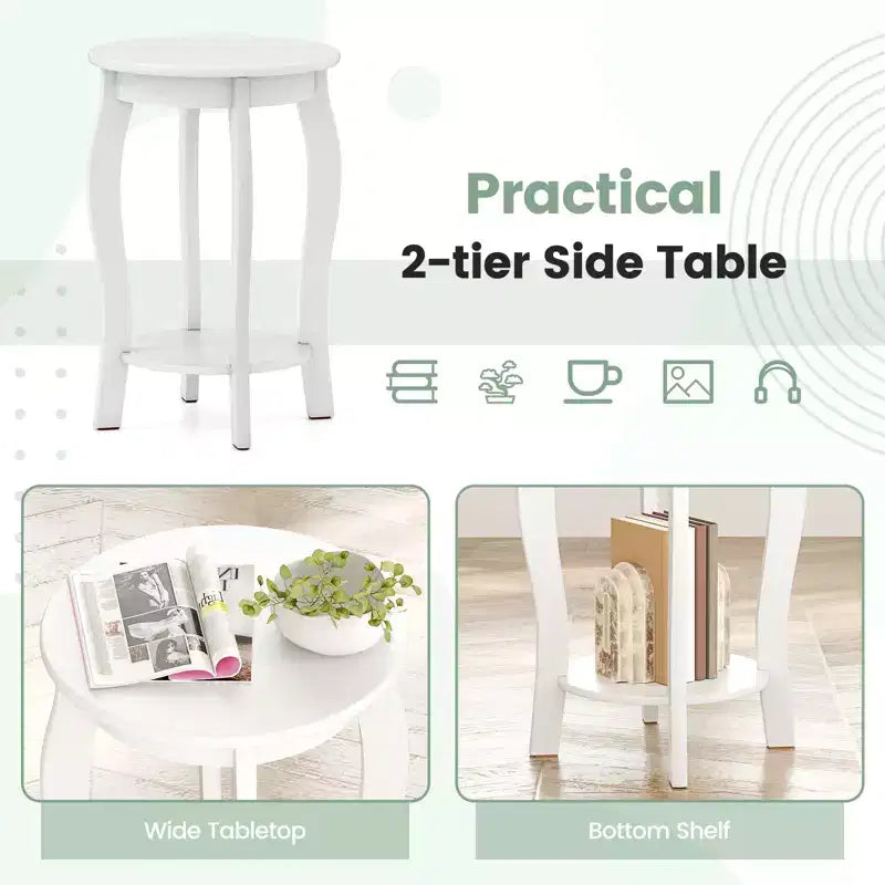 Table d'appoint ronde à 2 niveaux Costway, table de chevet étroite pour canapé avec étagère de rangement et pieds en bois