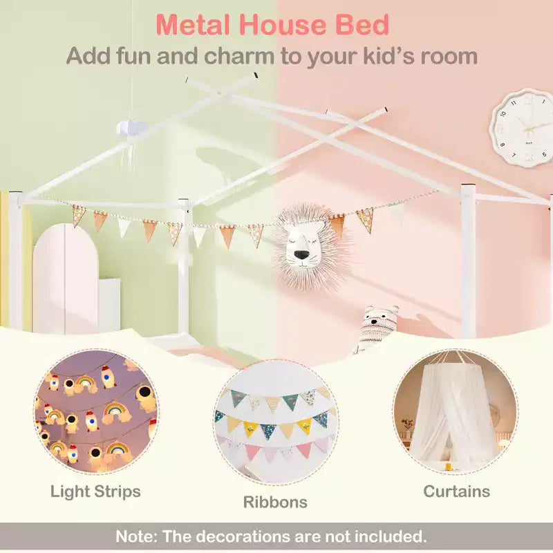 Lit cabane en métal pleine taille Costway avec 2 tiroirs en tissu Lit plateforme robuste
