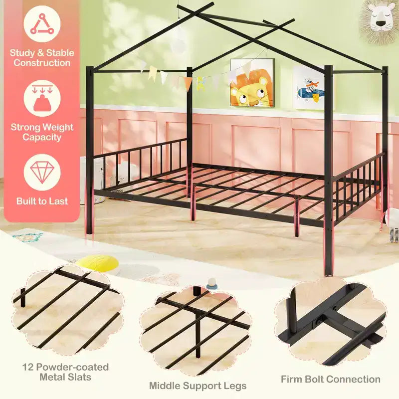 Lit cabane en métal pleine taille Costway avec 2 tiroirs en tissu Lit plateforme robuste