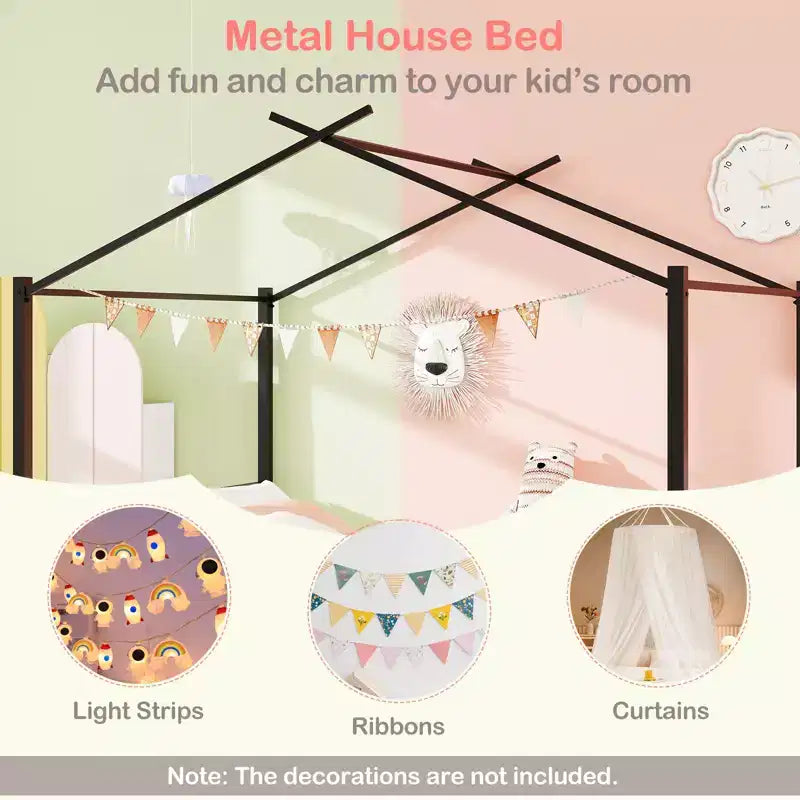 Lit cabane en métal pleine taille Costway avec 2 tiroirs en tissu Lit plateforme robuste