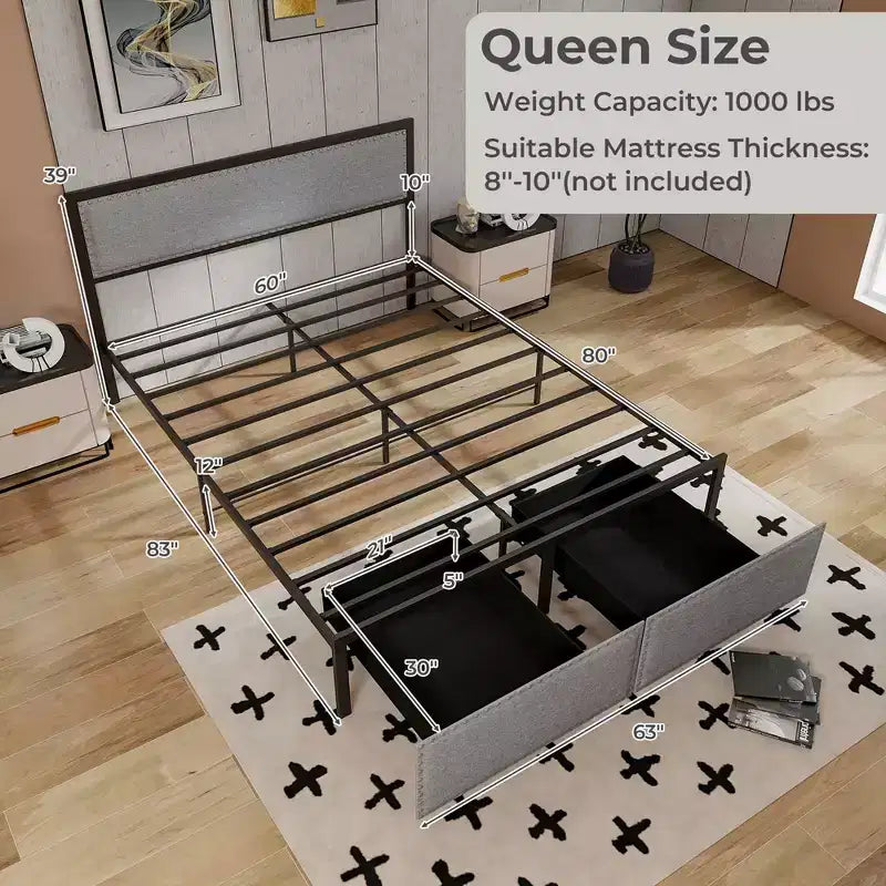 Cadre de lit Queen Size Costway avec 2 tiroirs de rangement, lumières LED et lattes, design moderne