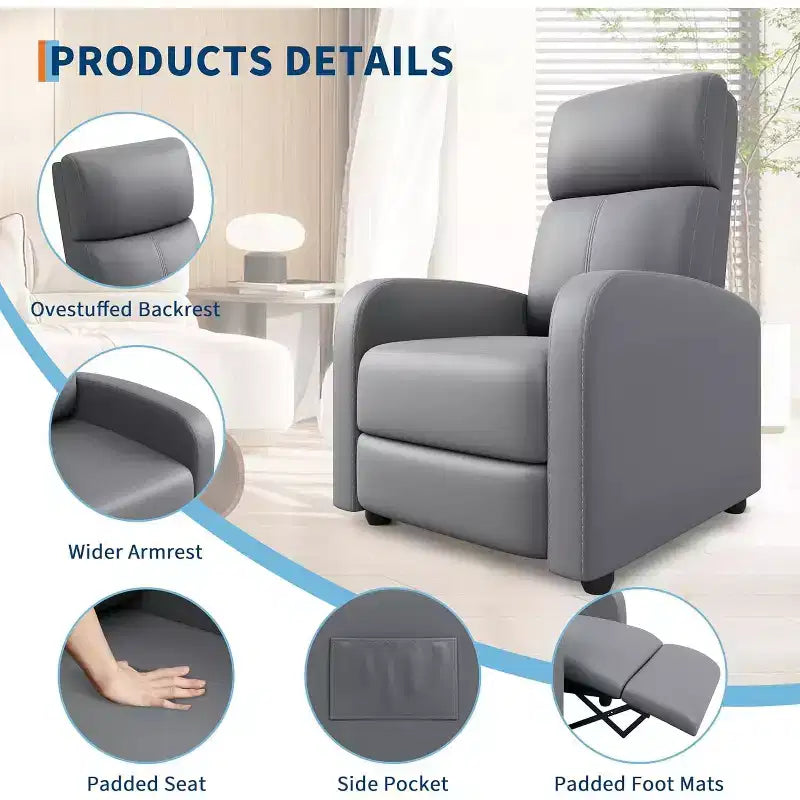 Fauteuil inclinable pour adultes, en cuir PU, inclinable, ergonomique et réglable, canapé simple amélioré avec poche latérale, dossier haut, accoudoirs larges et siège rembourré