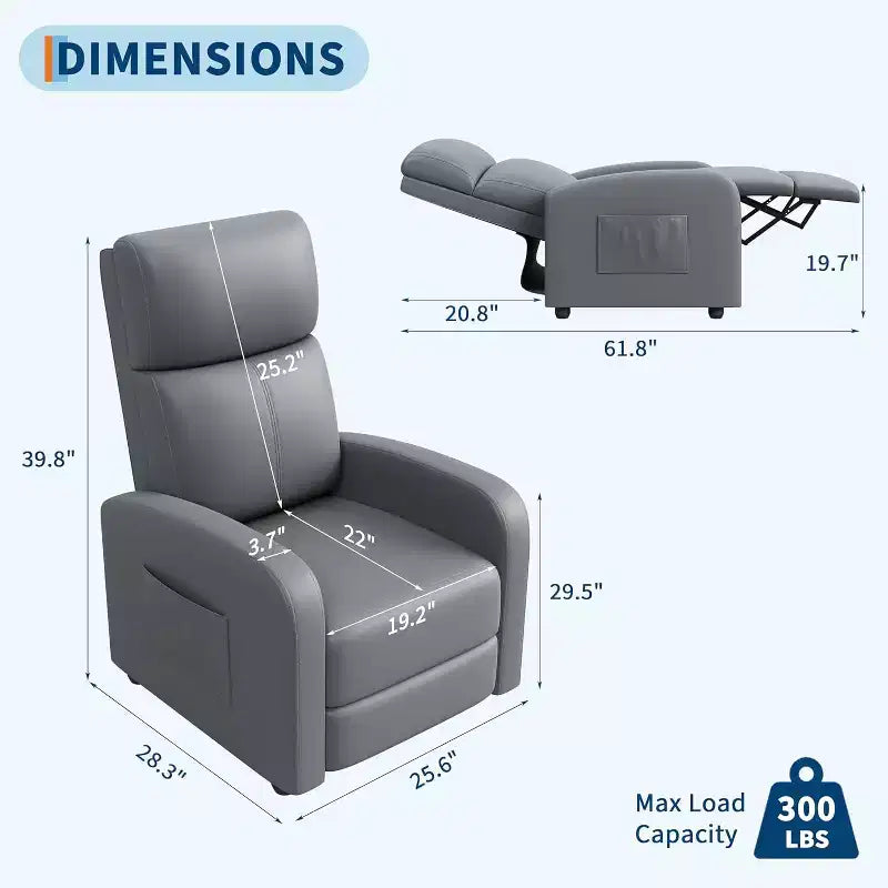 Fauteuil inclinable pour adultes, en cuir PU, inclinable, ergonomique et réglable, canapé simple amélioré avec poche latérale, dossier haut, accoudoirs larges et siège rembourré