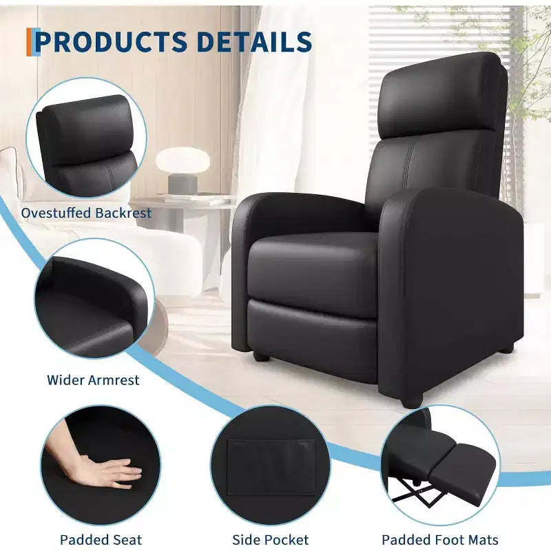 Fauteuil inclinable pour adultes, en cuir PU, inclinable, ergonomique et réglable, canapé simple amélioré avec poche latérale, dossier haut, accoudoirs larges et siège rembourré