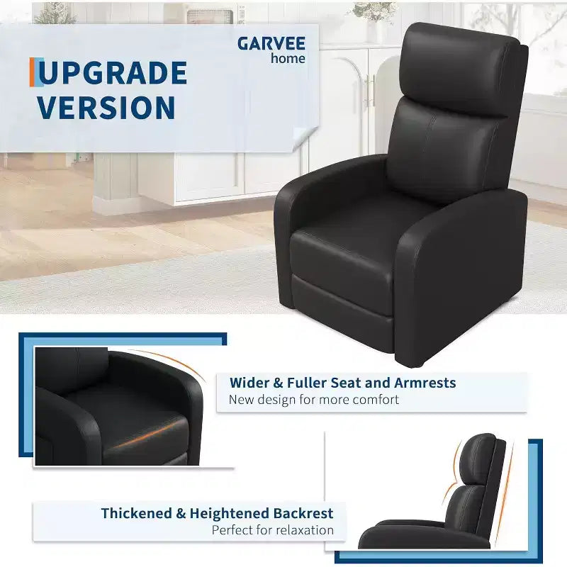 Fauteuil inclinable pour adultes, en cuir PU, inclinable, ergonomique et réglable, canapé simple amélioré avec poche latérale, dossier haut, accoudoirs larges et siège rembourré