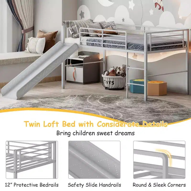 Lit mezzanine double en métal Costway avec toboggan, barrières de sécurité, échelle intégrée et cadre de lit bas