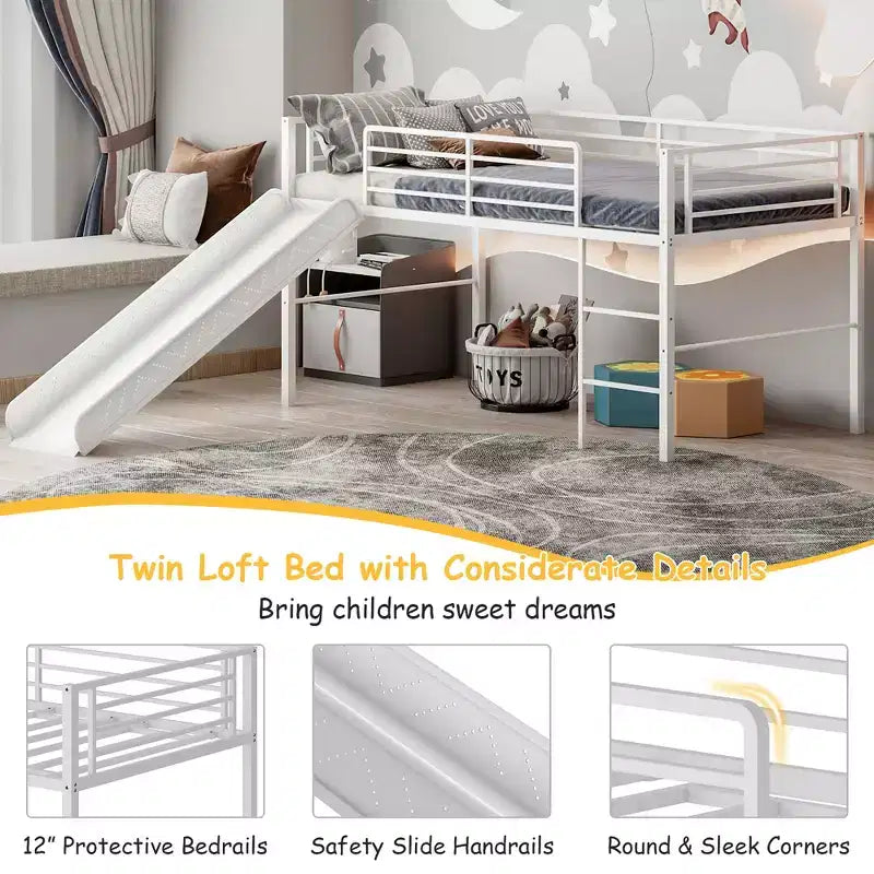 Lit mezzanine double en métal Costway avec toboggan, barrières de sécurité, échelle intégrée et cadre de lit bas