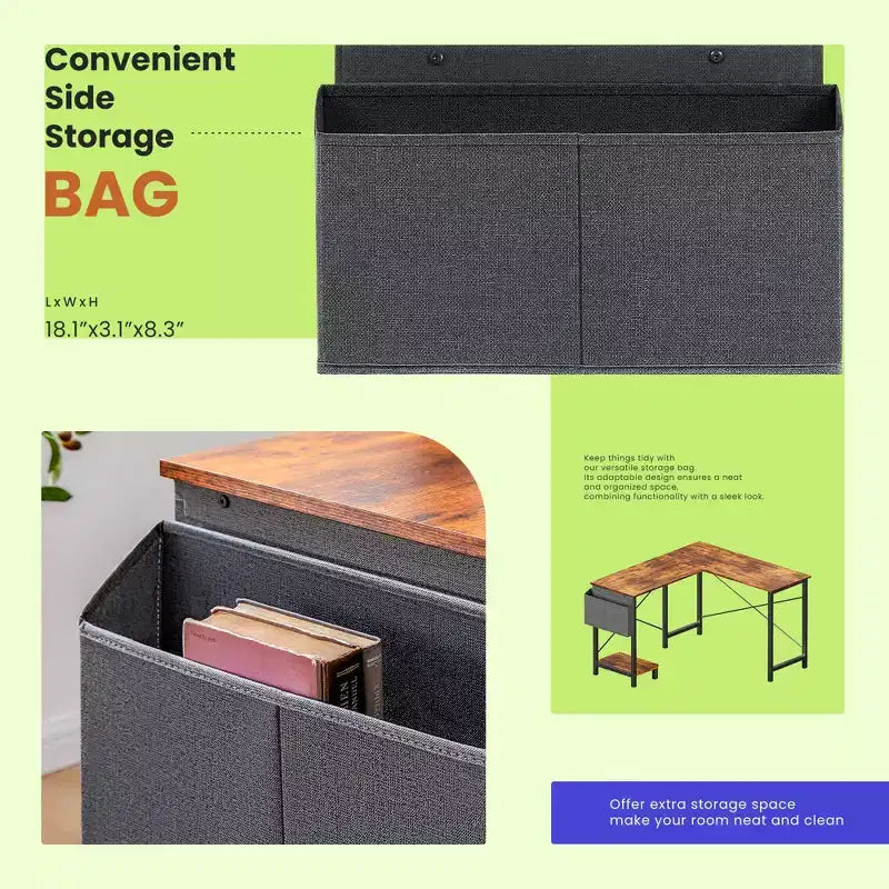 TUYOHW Bureau d'ordinateur en forme de L de 50 pouces avec sac de rangement latéral, bureaux d'angle avec support d'unité centrale et cadre métallique, bureau de jeu pour bureau à domicile, dortoir, salle d'étude