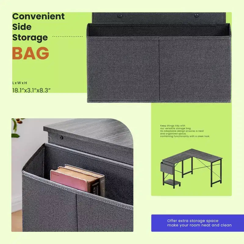 TUYOHW Bureau d'ordinateur en forme de L de 50 pouces avec sac de rangement latéral, bureaux d'angle avec support d'unité centrale et cadre métallique, bureau de jeu pour bureau à domicile, dortoir, salle d'étude